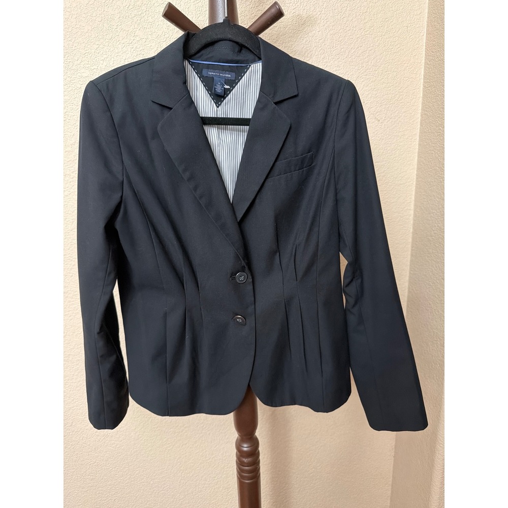 Tommy Hilfiger Womens Black Two Button Blazer Striped Lining Size M